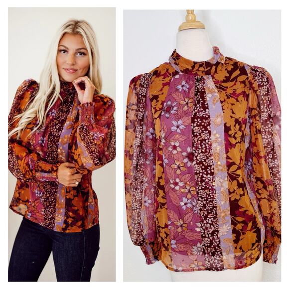 Avara Womens Patchwork Floral Long Balloon Sleeve Top Size S Orange Purple Fall - Picture 1 of 9